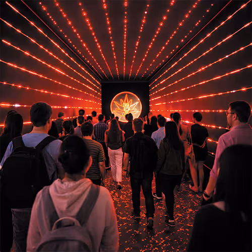 Group of people walking through a dark tunnel illuminated with red linear lights converging toward a glowing orange lotus symbol at the end.