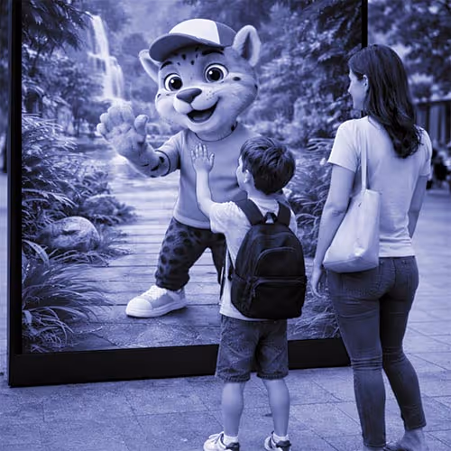 Child and woman interacting with a large screen showing a cartoon animal character waving back.